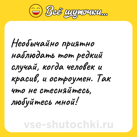 Шутка: Необычайно приятно наблюдать тот редкий случай, когда человек и красив, и остроумен. Так что не стесняйтесь, любуйтесь мной!
