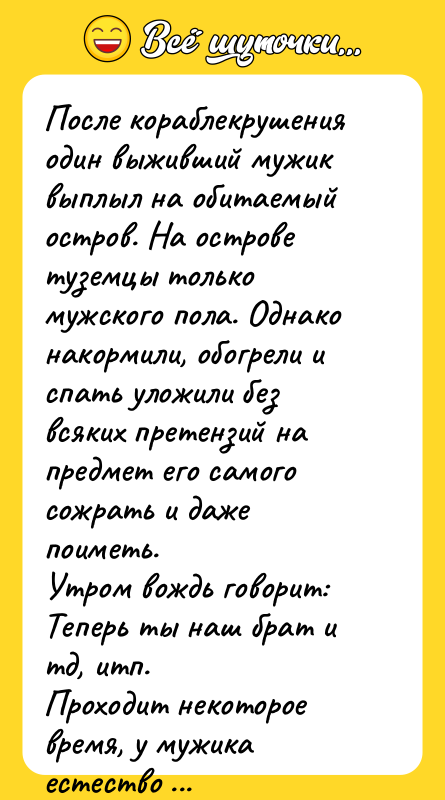 После кораблекрушения один выживший мужик выплыл на обитаемый остров. На