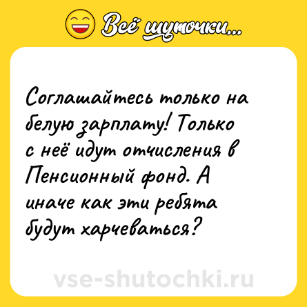 Шутка: Соглашайтесь только на белую зарплату! Только с неё идут отчисления в Пенсионный фонд. А иначе как эти ребята будут харчеваться?