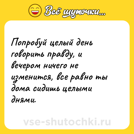 Шутка: Попробуй целый день говорить правду, и вечером ничего не изменится, все равно ты дома сидишь целыми днями.