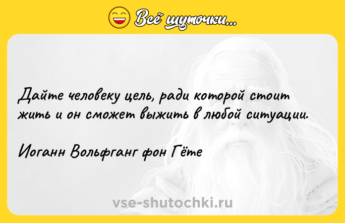 Цитата: Дайте человеку цель, ради которой стоит жить и он сможет выжить в любой ситуации.Иоганн Вольфганг фон Гёте