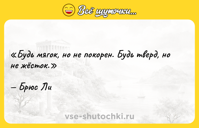 Цитата: Будь мягок, но не покорен. Будь тверд, но не жёсток.Брюс Ли