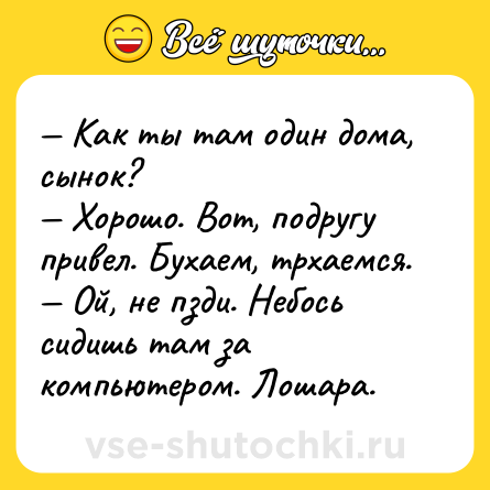 Шутка: — Как ты там один дома, сынок?<br>— Хорошо. Вот, подругу привел. Бухаем, трхаемся.<br>— Ой, не пзди. Небось сидишь там за компьютером. Лошара.