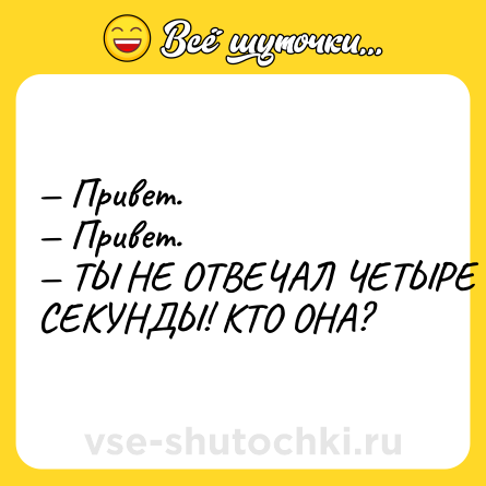 Шутка: — Привет. <br>— Привет. <br>— ТЫ НЕ ОТВЕЧАЛ ЧЕТЫРЕ СЕКУНДЫ! КТО ОНА?
