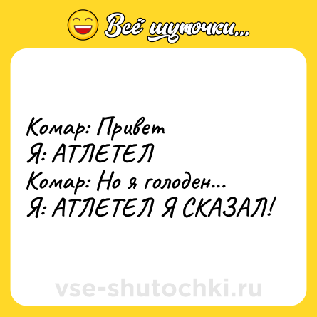 Шутка: Комар: Привет<br>Я: АТЛЕТЕЛ<br>Комар: Но я голоден...<br>Я: АТЛЕТЕЛ Я СКАЗАЛ!