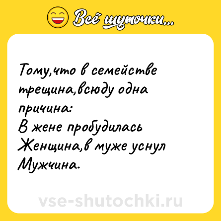 Шутка: Тому,что в семействе трещина,всюду одна причина:<br>В жене пробудилась Женщина,в муже уснул Мужчина.