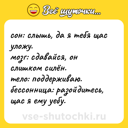 Шутка: сон: слышь, да я тебя щас уложу. <br>мозг: сдавайся, он слишком силён. <br>тело: поддерживаю. <br>бессонница: разойдитесь, щас я ему уебу.