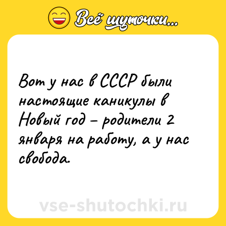 Шутка: Вот у нас в СССР были настоящие каникулы в Новый год – родители 2 января на работу, а у нас свобода.