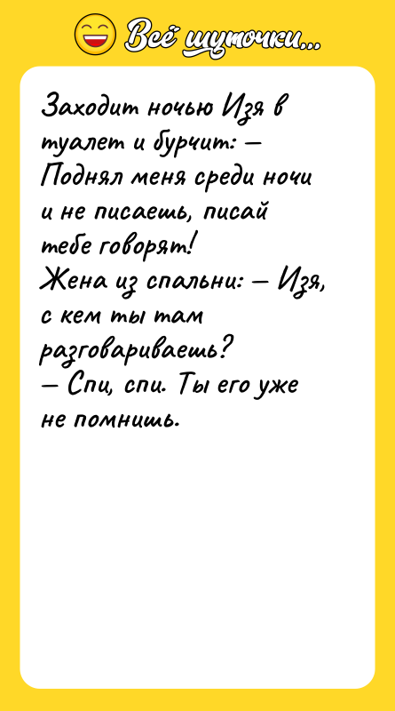 Заходит ночью Изя в туалет и бурчит: — Поднял меня