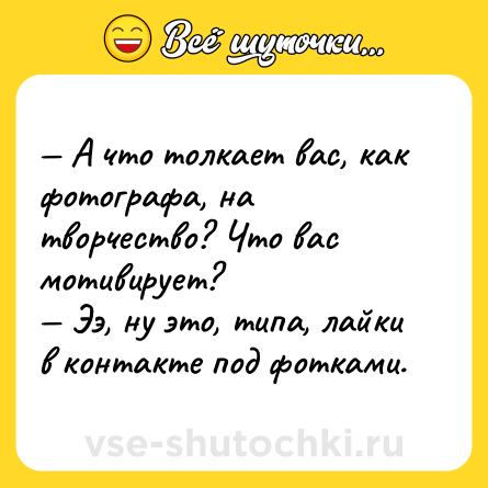 Шутка: — А что толкает вас, как фотографа, на творчество? Что вас мотивирует?<br>— Ээ, ну это, типа, лайки в контакте под фотками.