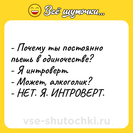 Шутка: - Почему ты постоянно пьешь в одиночестве? <br>- Я интроверт. <br>- Может, алкоголик?<br>- НЕТ. Я. ИНТРОВЕРТ.