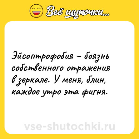 Шутка: Эйсоптрофобия – боязнь собственного отражения в зеркале. У меня, блин, каждое утро эта фигня.
