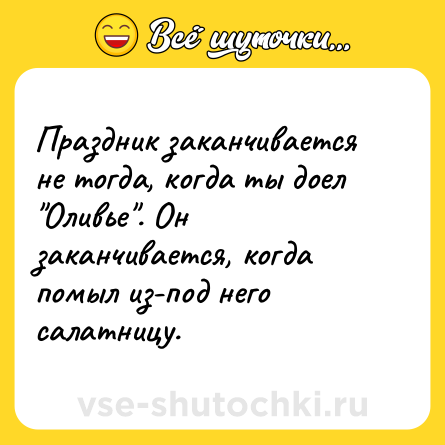 Шутка: Праздник заканчивается не тогда, когда ты доел Оливье . Он заканчивается, когда помыл из-под него салатницу.