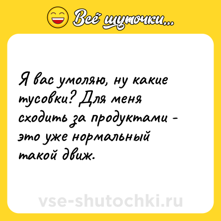 Шутка: Я вас умоляю, ну какие тусовки? Для меня сходить за продуктами - это уже нормальный такой движ.