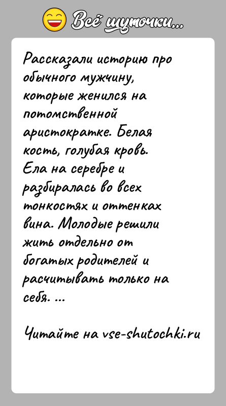 История: Рассказали историю про обычного мужчину, которые женился на потомственной аристократке. Белая кость, голубая кровь. Ела на серебре и разбиралась во