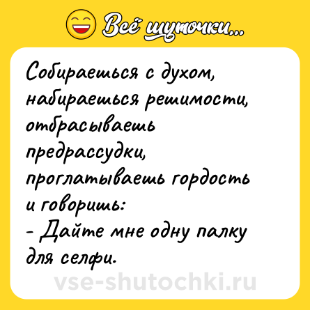 Шутка: Собираешься с духом, набираешься решимости, отбрасываешь предрассудки, проглатываешь гордость и говоришь: <br>- Дайте мне одну палку для селфи.