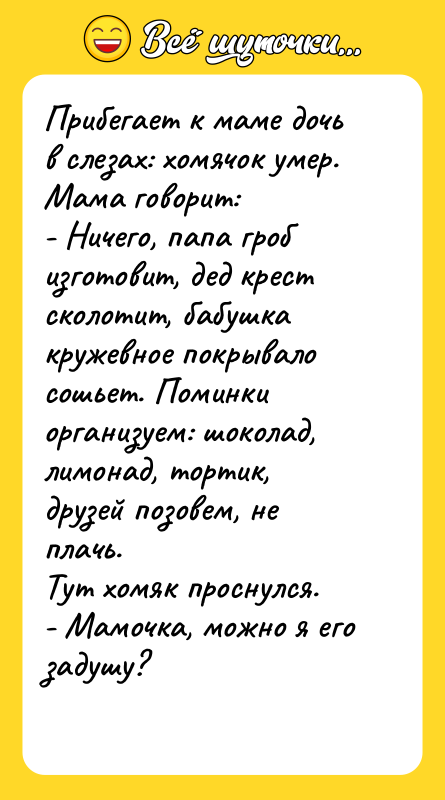 Прибегает к маме дочь в слезах: хомячок умер. Мама говорит: