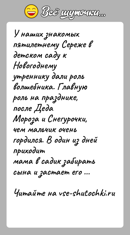 История: У наших знакомых пятилетнему Сереже в детском саду к Новогоднемуутреннику дали роль волшебника. Главную роль на празднике, после ДедаМороза и
