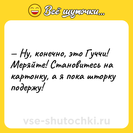 Шутка: — Ну, конечно, это Гуччи! Меряйте! Становитесь на картонку, а я пока шторку подержу!