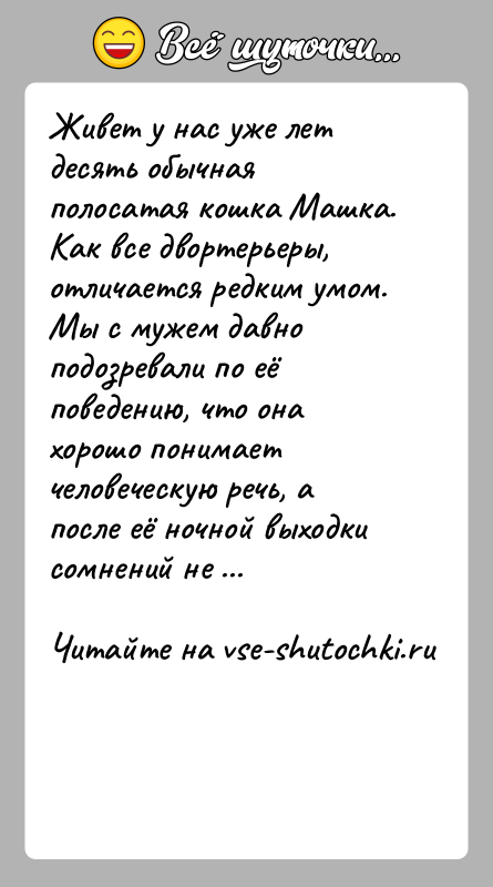 История: Живет у нас уже лет десять обычная полосатая кошка Машка. Как все двортерьеры, отличается редким умом. Мы с мужем давно