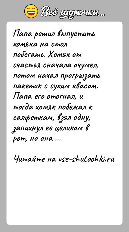 История: Папа решил выпустить хомяка на стол побегать. Хомяк от счастья сначала очумел, потом начал прогрызать пакетик с сухим квасом. Папа
