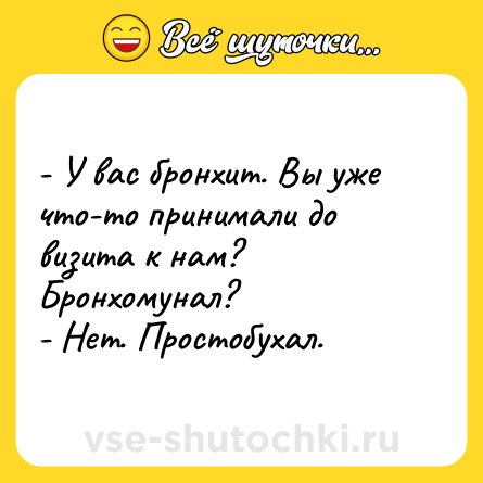 Шутка: - У вас бронхит. Вы уже что-то принимали до визита к нам? Бронхомунал?<br>- Нет. Простобухал.