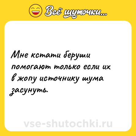 Шутка: Мне кстати беруши помогают только если их в жопу источнику шума засунуть.