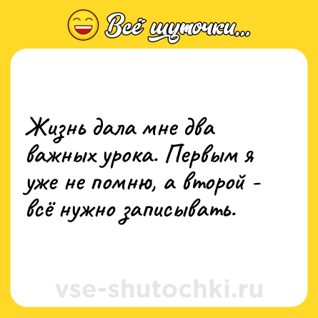 Шутка: Жизнь дала мне два важных урока. Первым я уже не помню, а второй - всё нужно записывать.