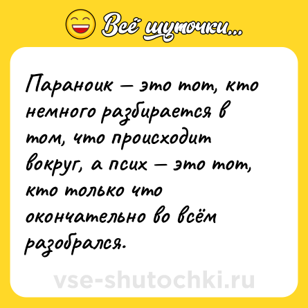 Шутка: Параноик — это тот, кто немного разбирается в том, что происходит вокруг, а псих — это тот, кто только что окончательно во всём разобрался.