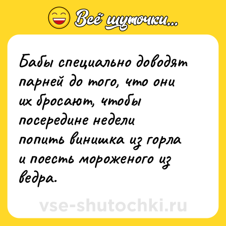 Шутка: Бабы специально доводят парней до того, что они их бросают, чтобы посередине недели попить винишка из горла и поесть мороженого из ведра.