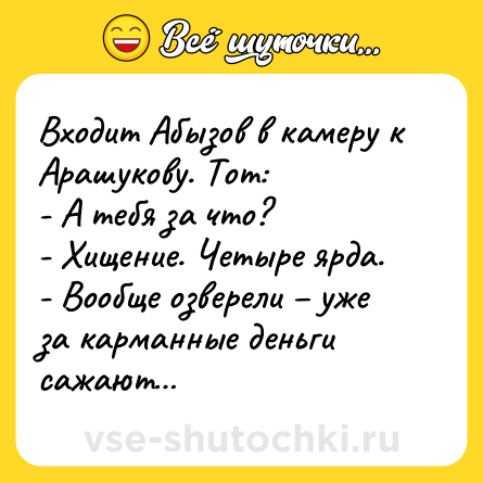 Шутка: Входит Абызов в камеру к Арашукову. Тот:<br>- А тебя за что?<br>- Хищение. Четыре ярда. <br>- Вообще озверели – уже за карманные деньги сажают…
