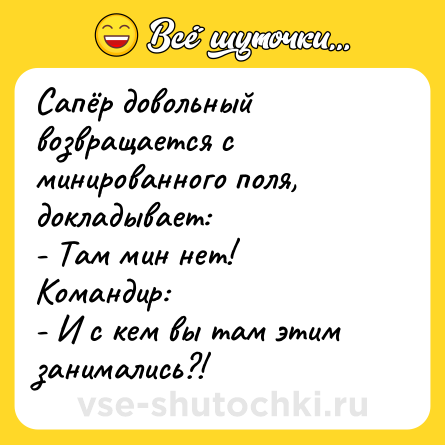 Шутка: Сапёр довольный возвращается с минированного поля, докладывает:<br>- Там мин нет!<br>Командир:<br>- И с кем вы там этим занимались?!