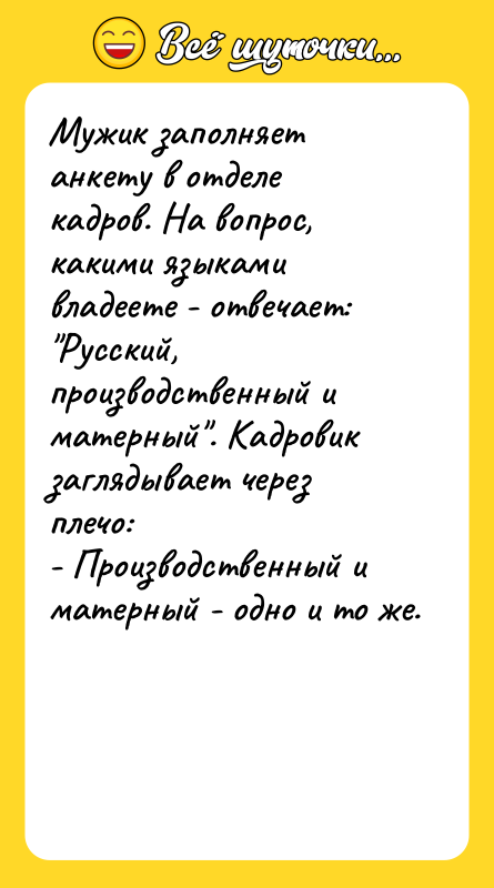 Мужик заполняет анкету в отделе кадров. На вопрос, какими языками