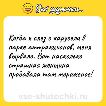 Шутка: Когда я слез с карусели в парке аттракционов, меня вырвало. Вот насколько страшная женщина продавала там мороженое!