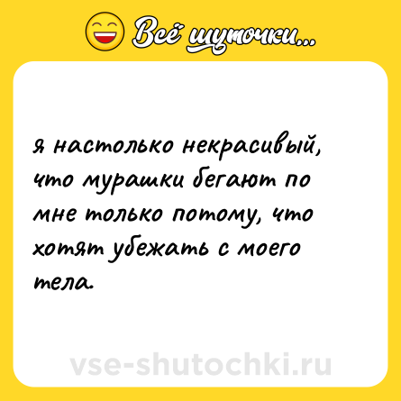 Шутка: я настолько некрасивый, что мурашки бегают по мне только потому, что хотят убежать с моего тела.