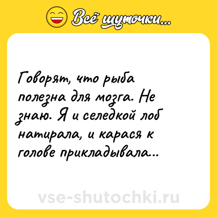 Шутка: Говорят, что рыба полезна для мозга. Не знаю. Я и селедкой лоб натирала, и карася к голове прикладывала...