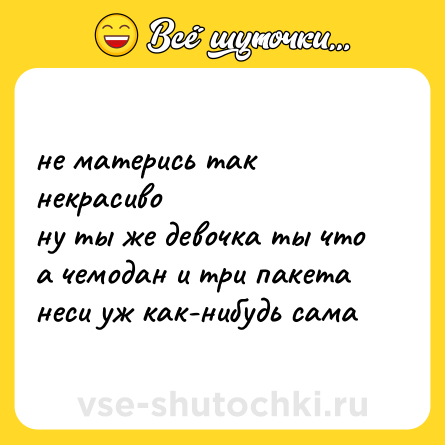 Шутка: не матерись так некрасиво  <br>ну ты же девочка ты что  <br>а чемодан и три пакета  <br>неси уж как-нибудь сама