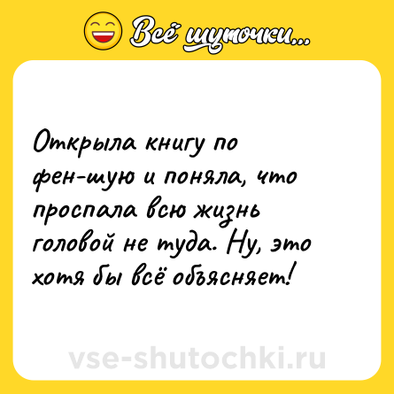 Шутка: Открыла книгу по фен-шую и поняла, что проспала всю жизнь головой не туда. Ну, это хотя бы всё объясняет! 