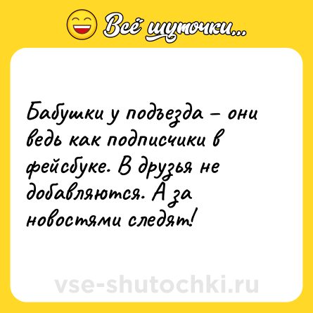 Шутка: Бабушки у подъезда – они ведь как подписчики в фейсбуке. В друзья не добавляются. А за новостями следят!