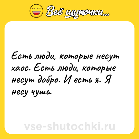 Шутка: Есть люди, которые несут хаос. Есть люди, которые несут добро. И есть я. Я несу чушь.