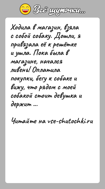 История: Ходила в магазин, взяла с собой собаку. Дошли, я привязала её к решётке и ушла. Пока была в магазине, начался