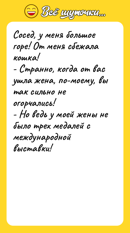 Сосед, у меня большое горе! От меня сбежала кошка! -