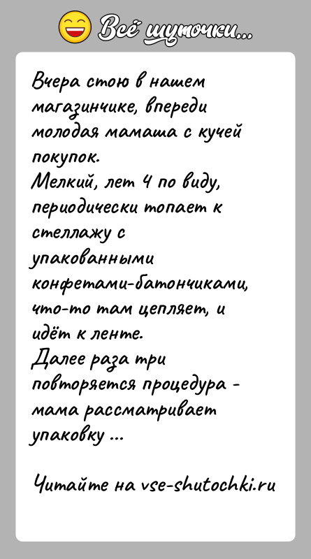 История: Вчера стою в нашем магазинчике, впереди молодая мамаша с кучей покупок.Мелкий, лет 4 по виду, периодически топает к стеллажу с