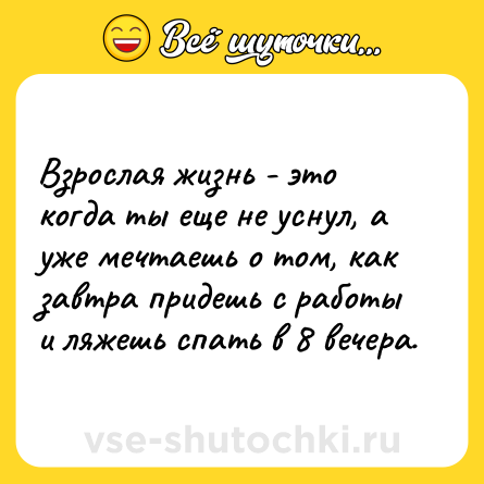 Шутка: Взрослая жизнь - это когда ты еще не уснул, а уже мечтаешь о том, как завтра придешь с работы и ляжешь спать в 8 вечера.