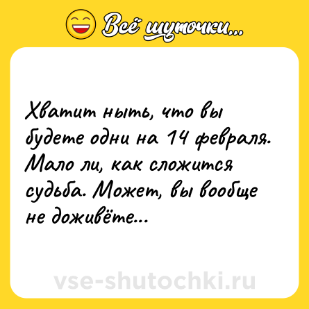 Шутка: Хватит ныть, что вы будете одни на 14 февраля. Мало ли, как сложится судьба. Может, вы вообще не доживёте...