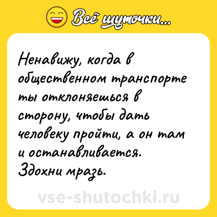 Шутка: Ненавижу, когда в общественном транспорте ты отклоняешься в сторону, чтобы дать человеку пройти, а он там и останавливается. Здохни мразь.