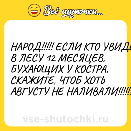 Шутка: НАРОД!!!!! ЕСЛИ КТО УВИДИТ В ЛЕСУ 12 МЕСЯЦЕВ, БУХАЮЩИХ У КОСТРА, СКАЖИТЕ, ЧТОБ ХОТЬ АВГУСТУ НЕ НАЛИВАЛИ!!!!!!