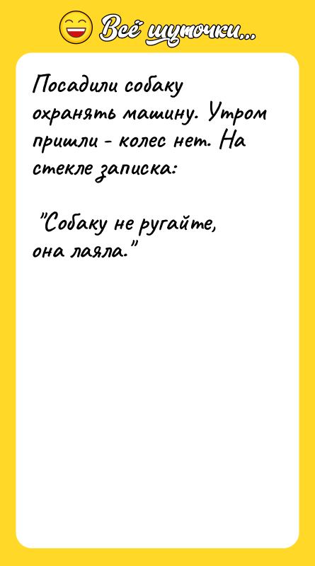 Посадили собаку охранять машину. Утром пришли - колес нет. На