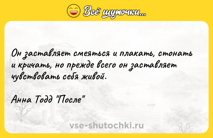 Цитата: Он заставляет смеяться и плакать, стонать и кричать, но прежде всего он заставляет чувствовать себя живой.Анна Тодд После