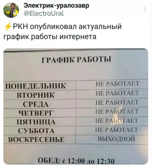 Твой интернет на этой неделе 🤡 - РКН опубликовал актуальный график работы интернета. ГРАФИК РАБОТЫ: ПОНЕДЕЛЬНИК НЕ